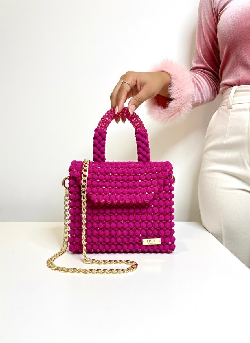 VELVET BEAD BAG- FASHION FUCHSIA