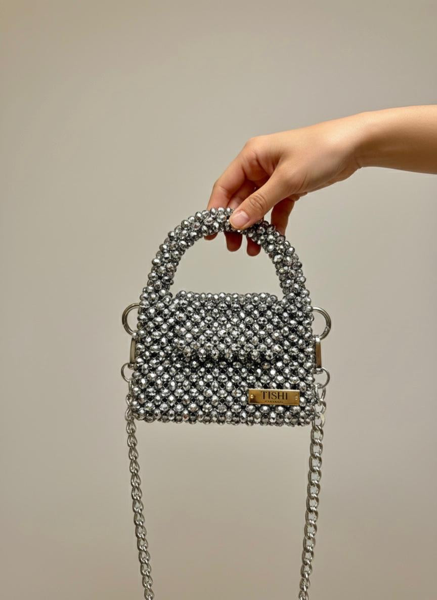 MINI GLASS CRYSTAL BEAD BAG-CHROME