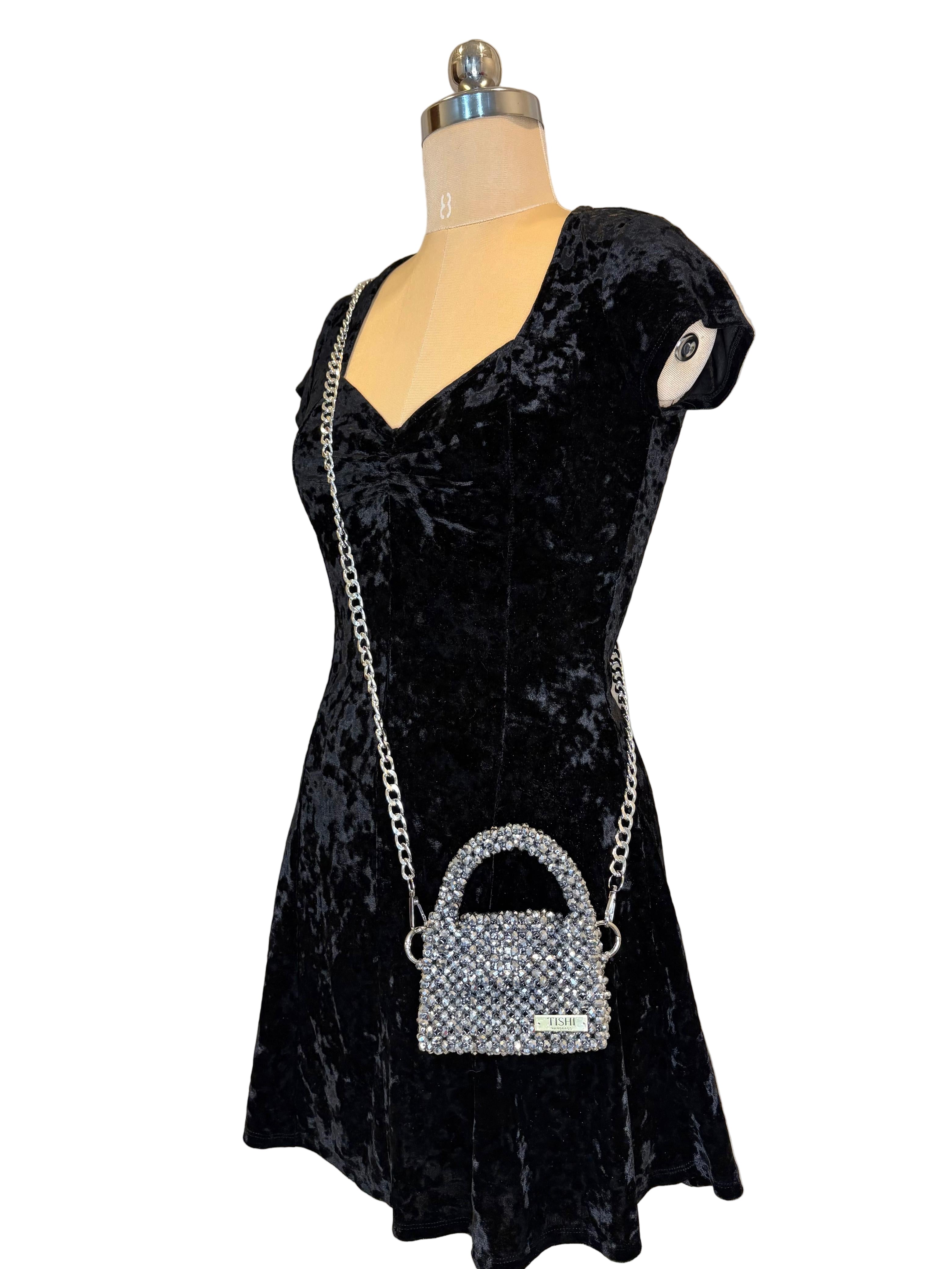MINI GLASS CRYSTAL BEAD BAG-CHROME