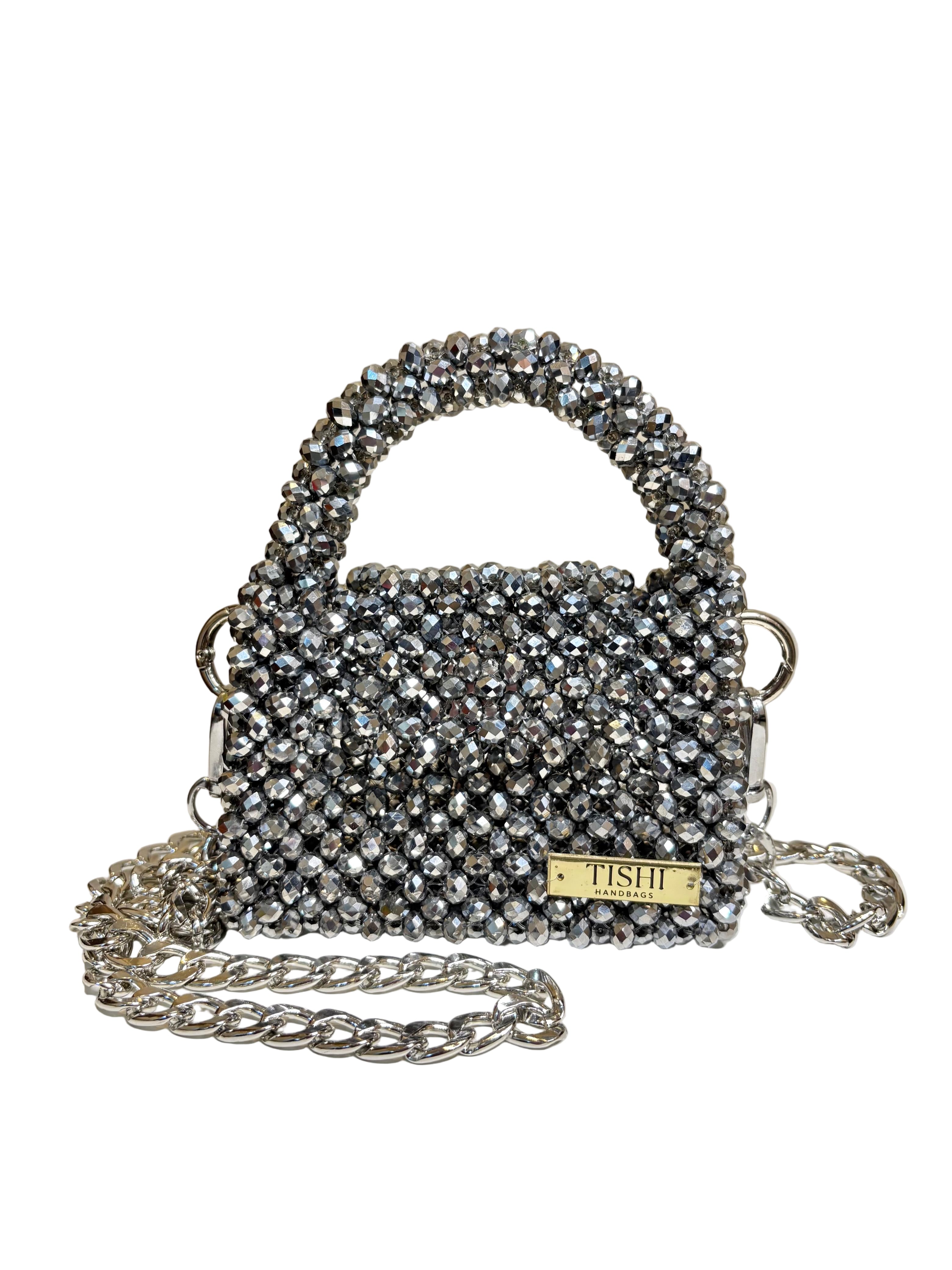 MINI GLASS CRYSTAL BEAD BAG-CHROME