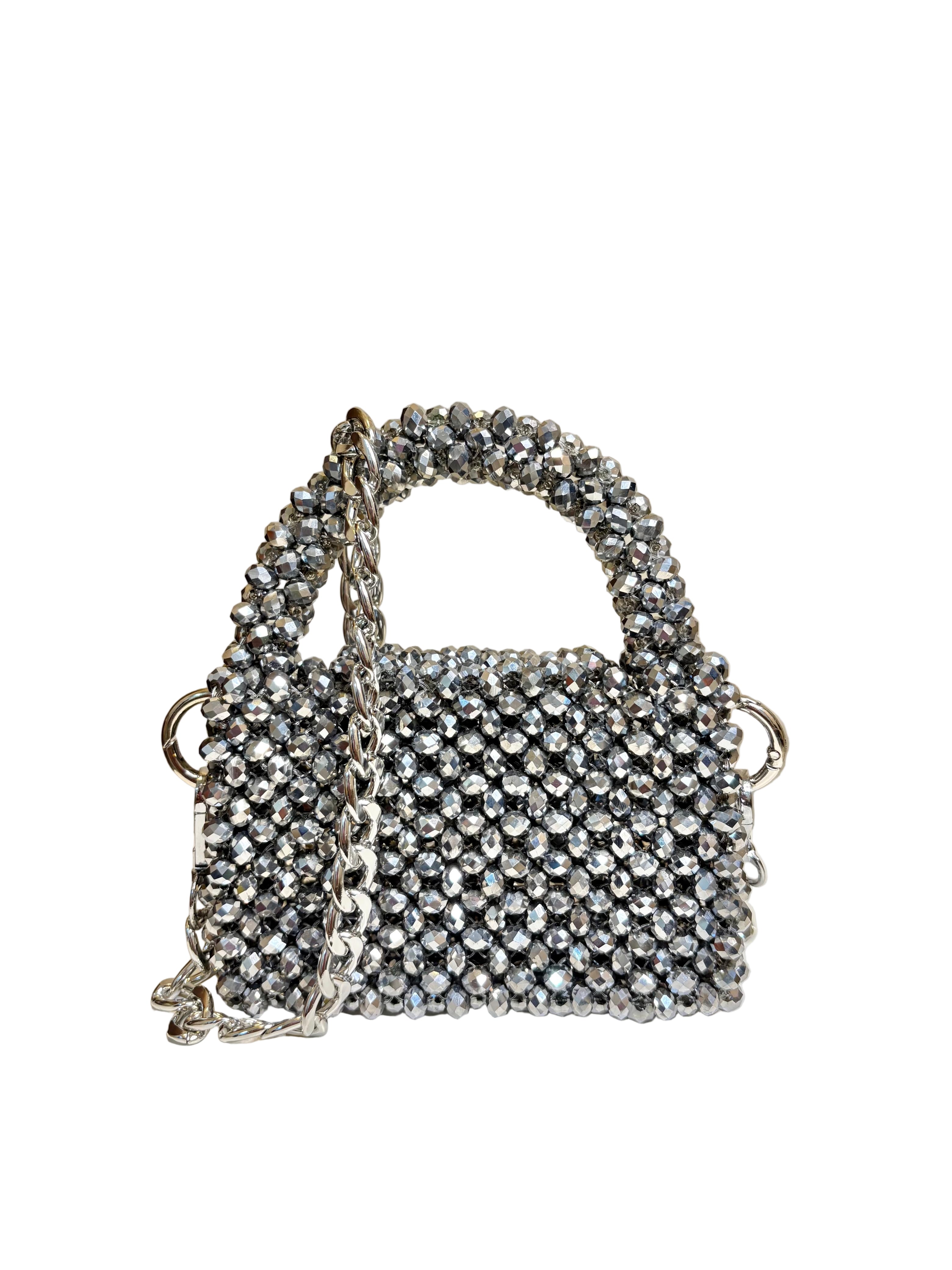 MINI GLASS CRYSTAL BEAD BAG-CHROME